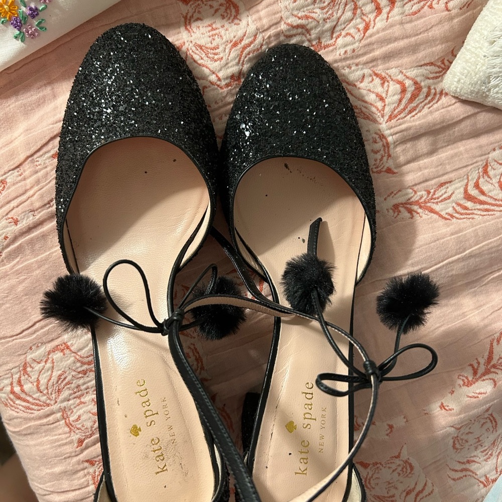 Kate Spade Black Glitter Flats with Pom Pom Detail